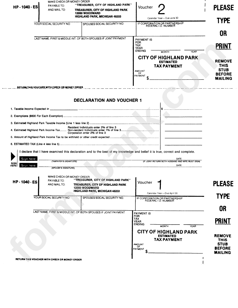 Form Hp-1040-Es - Estimated Tax Payment - City Of Highland Park