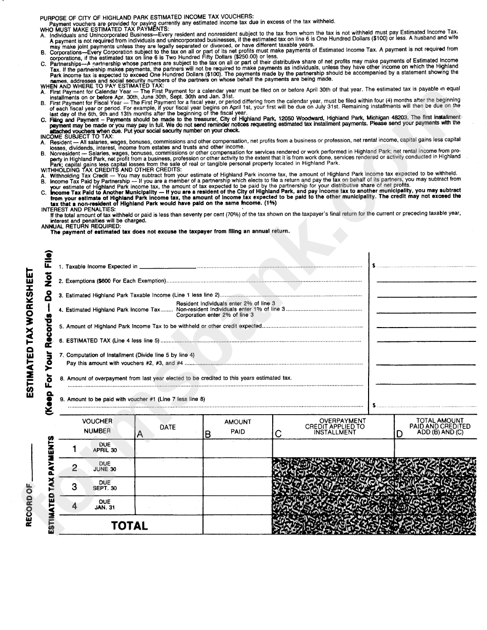 Form Hp-1040-Es - Estimated Tax Payment - City Of Highland Park