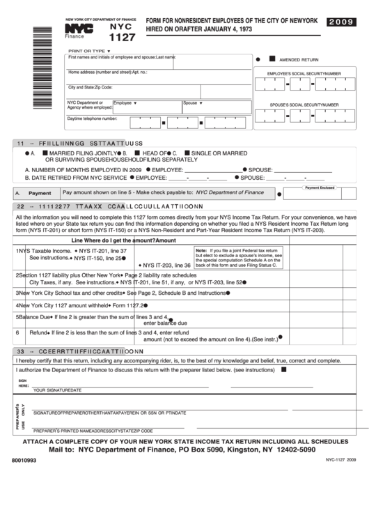 Fillable Form Nyc 1127 - Form For Nonresident Employees Of The City Of New York Hired On Or After January 4, 1973 - 2009 Printable pdf