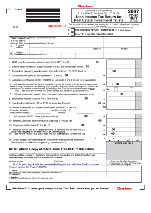 Fillable Form Tc-20 Reit - Utah Income Tax Return For Real Estate Investment Trusts - 2007 Printable pdf