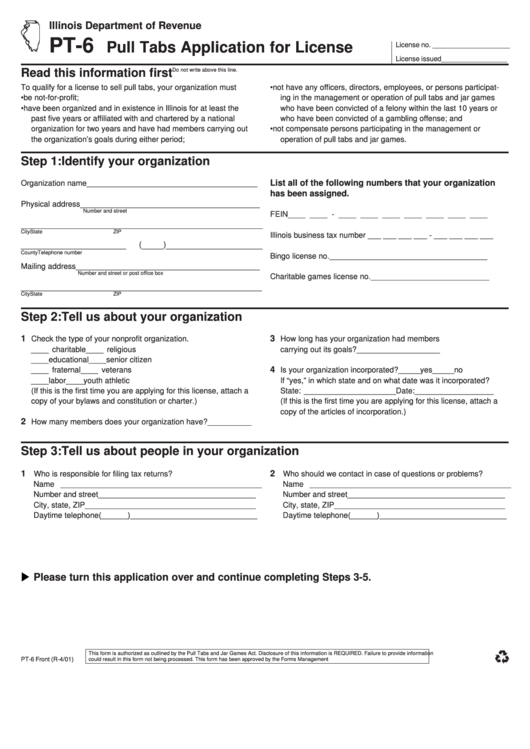 Form Pt-6 - Pull Tabs Application For License Form - Illinois Department Of Revenue Printable pdf