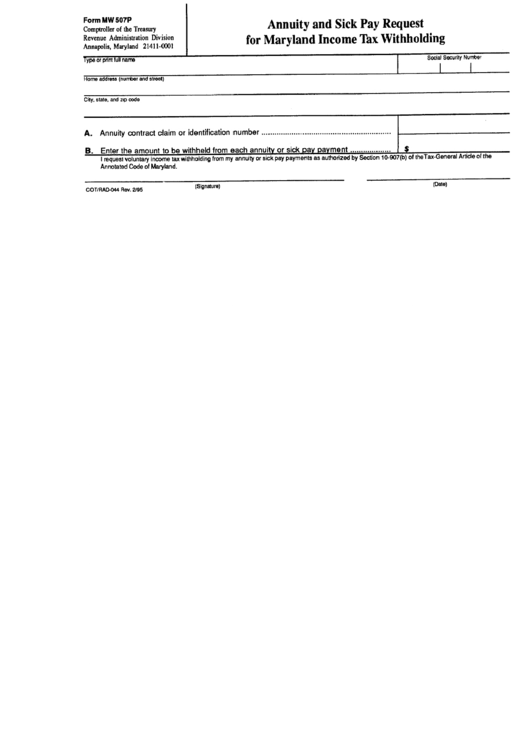 Form Mw 507p - Annuity And Sick Pay Request For Maryland Income Tax Withholding Printable pdf