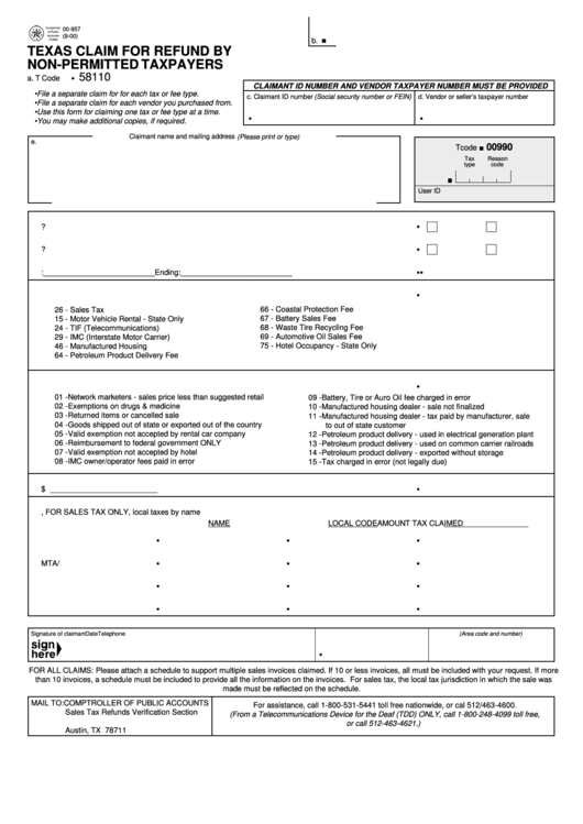 Fillable Texas Claim Form For Refund By Non-Permitted Taxpayers - Texas Sales Tax Refunds Verification Section Printable pdf