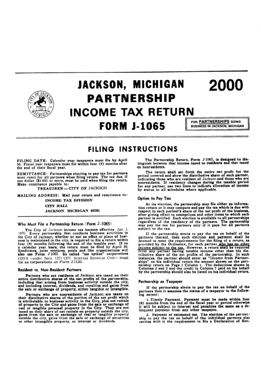 Form J-1065 - Income Tax Return - Jackson Printable pdf