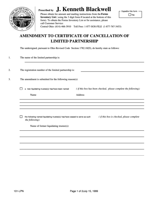Amendment To Certificate Of Cancellation Of The Following): Limited Partnership Form - Ohio Secretary Of State Printable pdf
