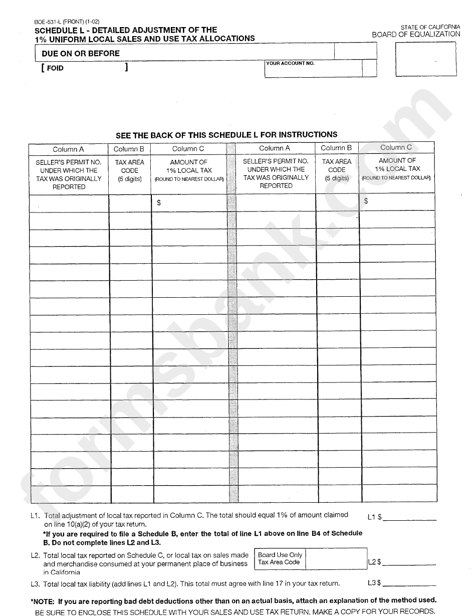 Form Boe-531-L - Schedule L - Detailed Adjustment Of The 1% Uniform Local Sales And Use Tax Allocations