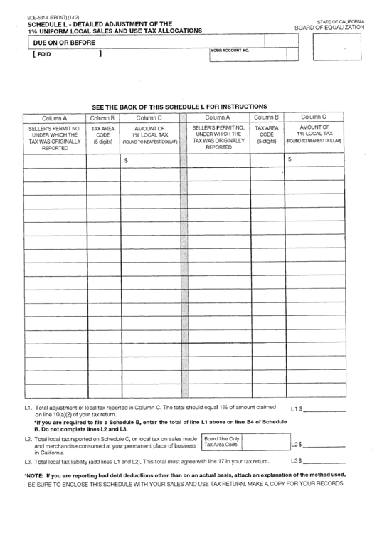 Form Boe-531-L - Schedule L - Detailed Adjustment Of The 1% Uniform Local Sales And Use Tax Allocations Printable pdf
