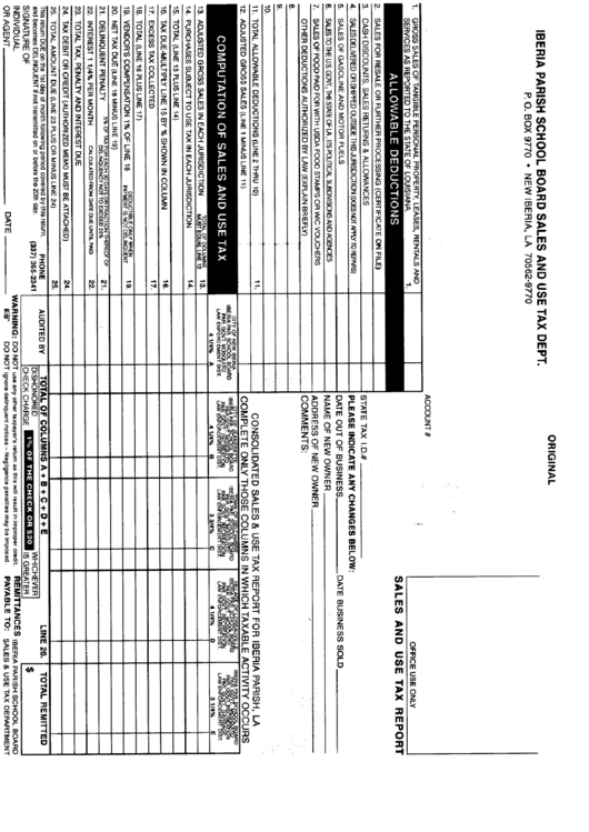 Sales And Use Tax Report Form - Iberia Parish School Board Printable pdf