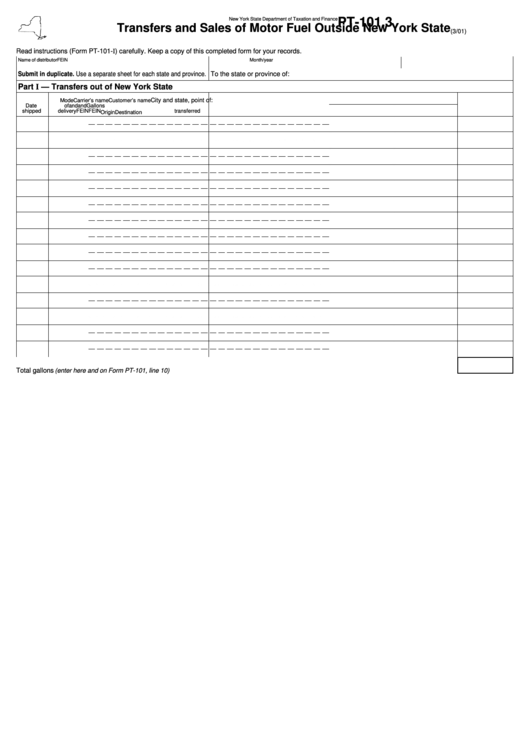 Form Pt-101.3 - Transfers And Sales Of Motor Fuel Outside New York State - New York State Department Of Taxation And Finance Printable pdf
