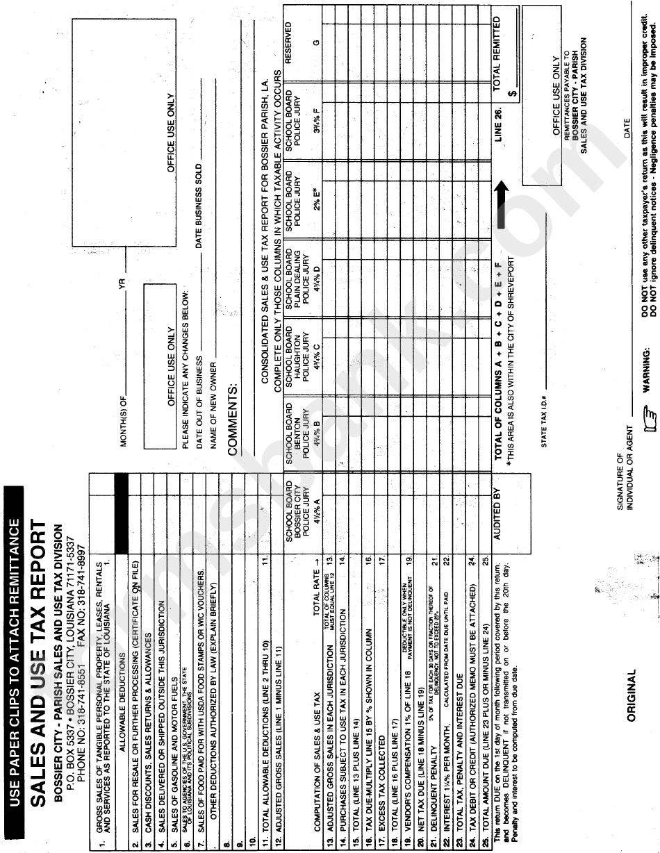 Sales And Use Tax Report Form - Bossier City