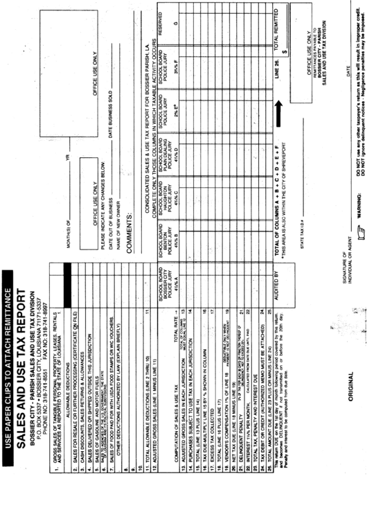 Sales And Use Tax Report Form - Bossier City Printable pdf
