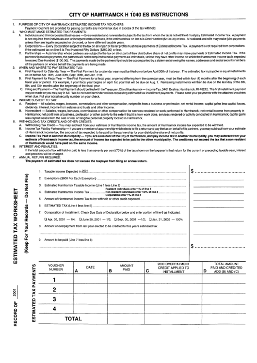 Form H 1040 Es - Estimated Income Tax Voucher - Instructions - City Of Hamtramck Printable pdf