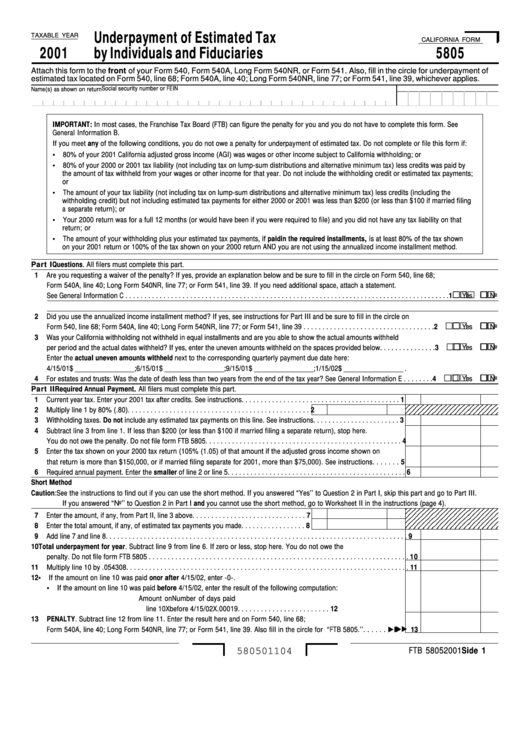 Californiaform 5805 - Underpayment Of Estimated Tax By Individuals And Fiduciaries - 2001 Printable pdf