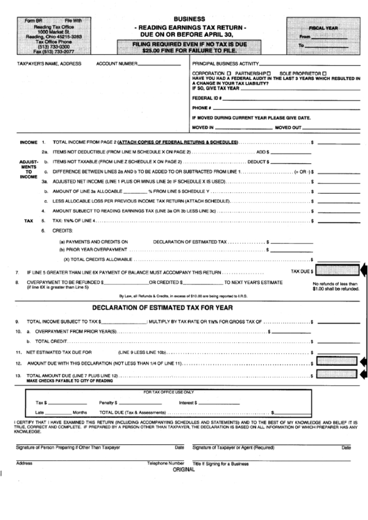 Form Br - Business Reading Earnings Tax Return - Ohio Printable pdf