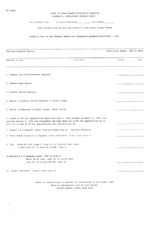 Form Ri-7695e - Research & Development Expense Credit - Rhode Islan Division Of Taxation Printable pdf