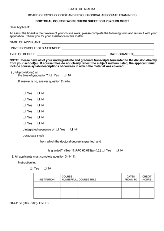 Doctoral Course Work Check Sheet For Psychologist Form - Alaska Board Of Psychologist And Psychological Associate Examiners Printable pdf