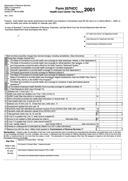 Form 207hcc - Health Care Center Tax Return - 2001 Printable pdf