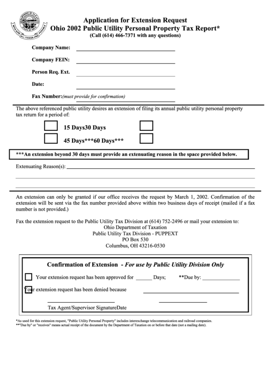 Application For Extension Request Form - Ohio 2002 Public Utility Personal Property Tax Report Printable pdf