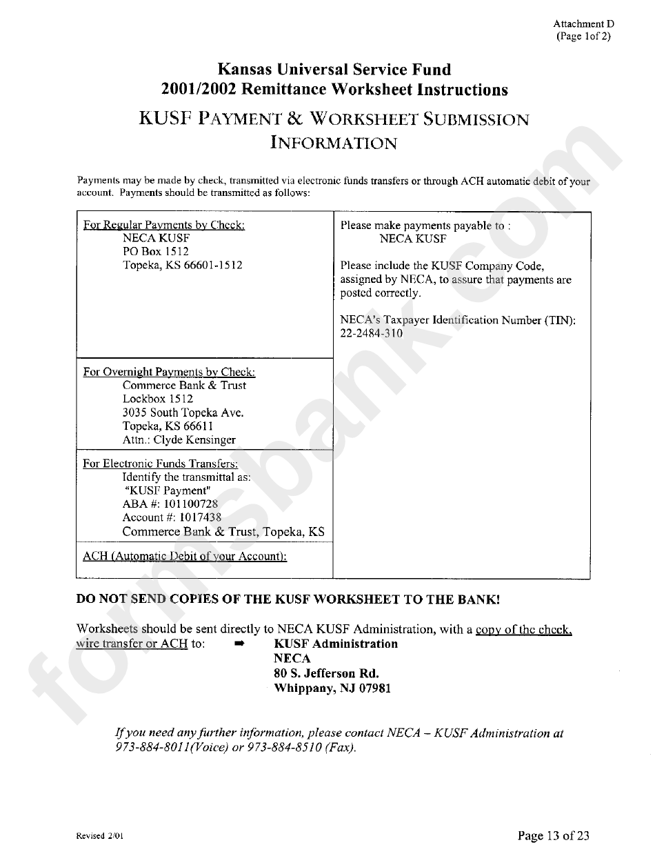 Kansas Universal Service Fund 2001/2002 Remittance Worksheet Instructions