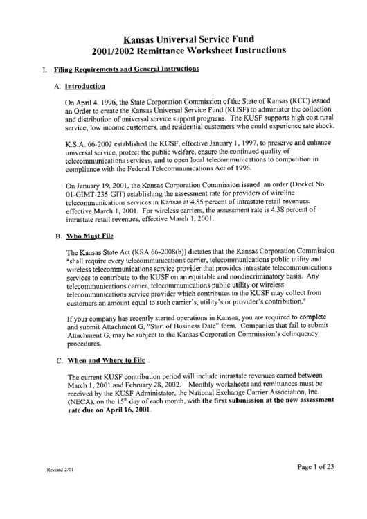 Kansas Universal Service Fund 2001/2002 Remittance Worksheet Instructions Printable pdf
