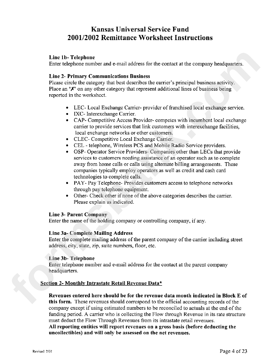 Kansas Universal Service Fund 2001/2002 Remittance Worksheet Instructions