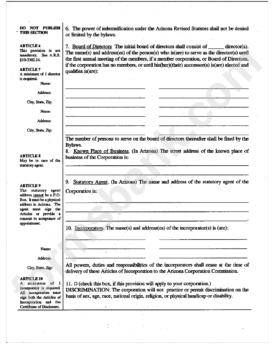 Articles Of Incorporation Of A Tax-Exempt Form - Arizona