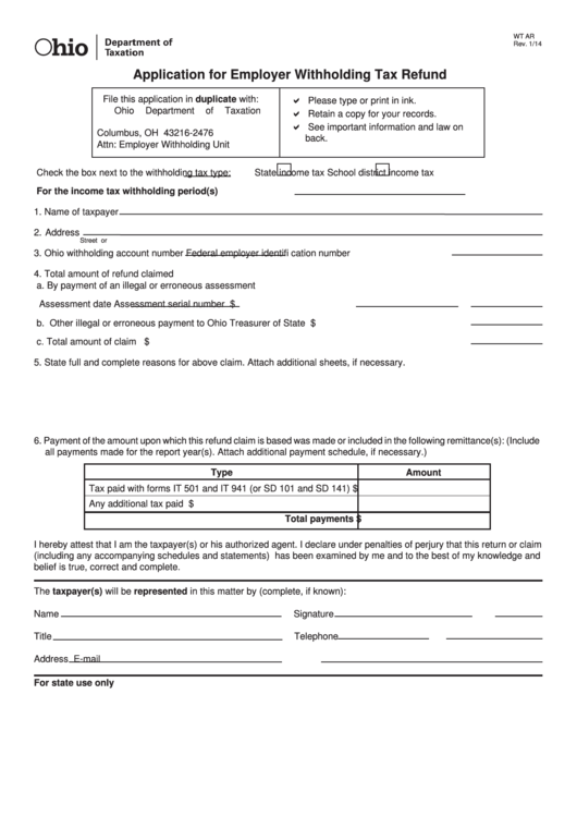 Fillable Form Wt Ar - Application For Employer Withholding Tax Refund Form - Ohio Department Of Taxation Printable pdf