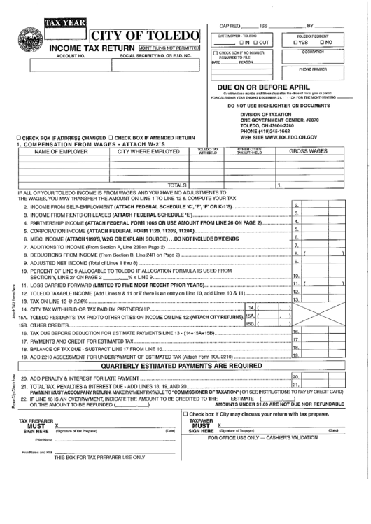 Fillable Income Tax Return Form - City Of Toledo, Ohio Printable pdf