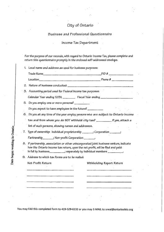 Business And Professional Questionnaire Form - Ontario Income Tax Department Printable pdf