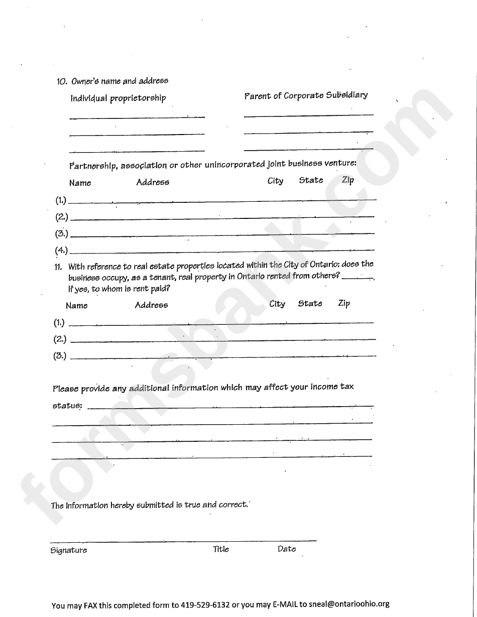 Business And Professional Questionnaire Form - Ontario Income Tax Department
