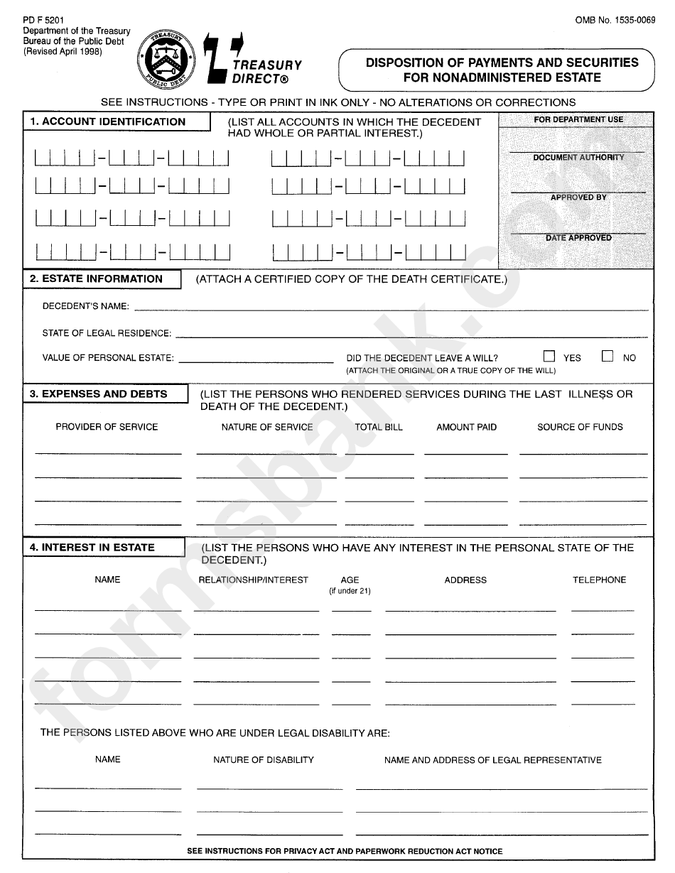 Disposition Or Payments And Securities For Nonadministered Estate Form - Department Of The Treasury
