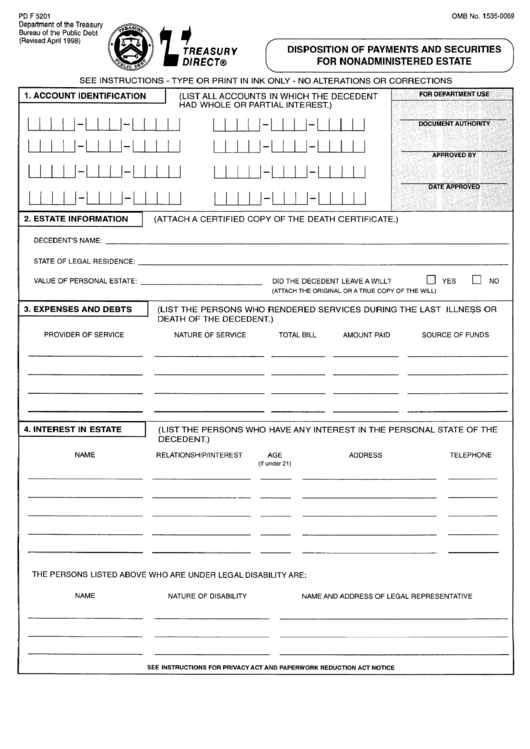Disposition Or Payments And Securities For Nonadministered Estate Form - Department Of The Treasury Printable pdf