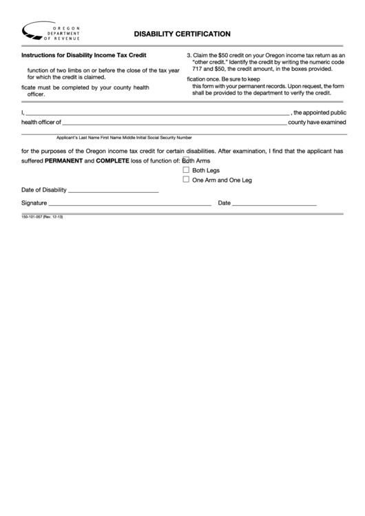 Fillable Form 150-101-057 - Disability Certification - 2013 Printable pdf