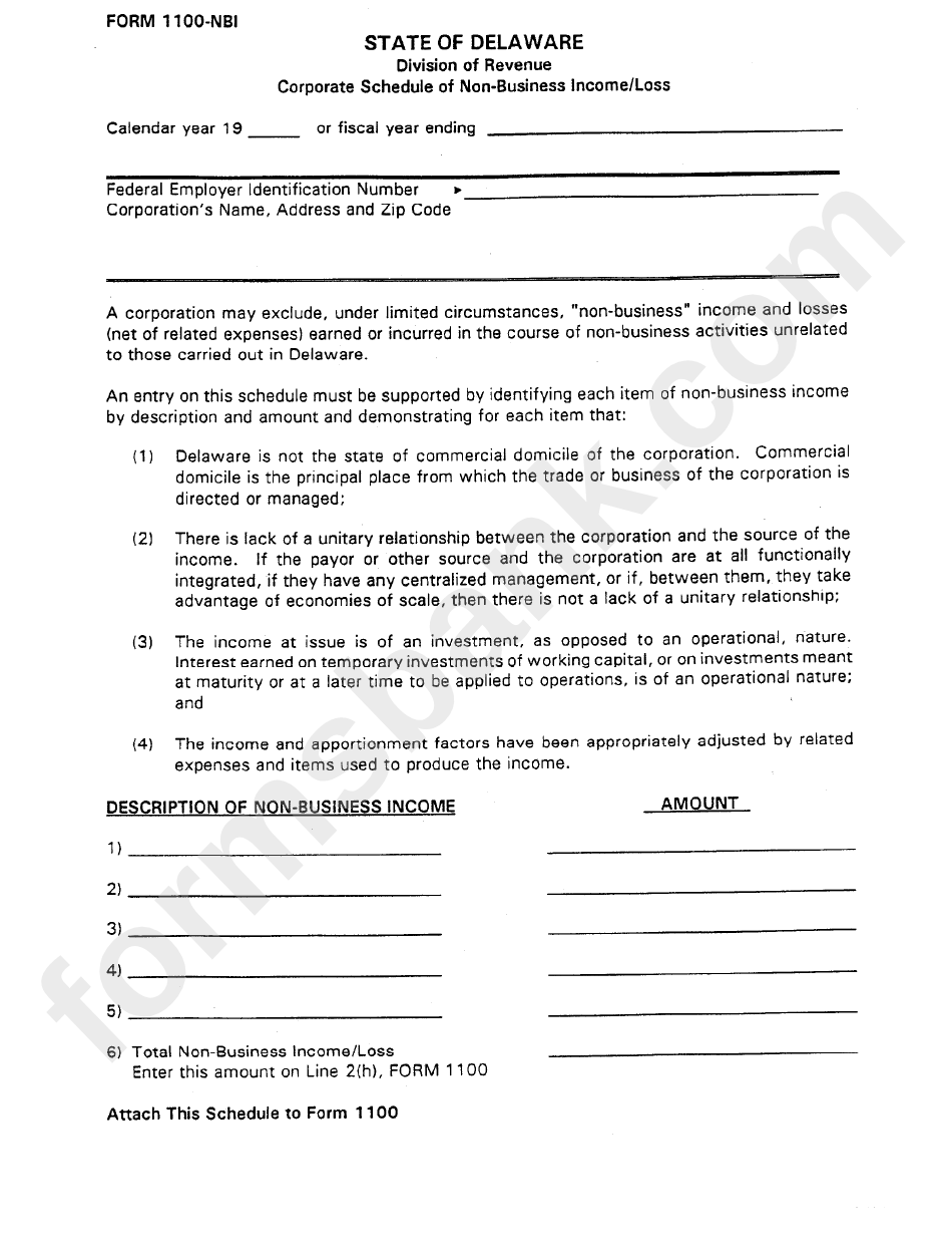 Form 1100-Nbi - Corporate Schedule Of Non-Business Income/loss - Delaware