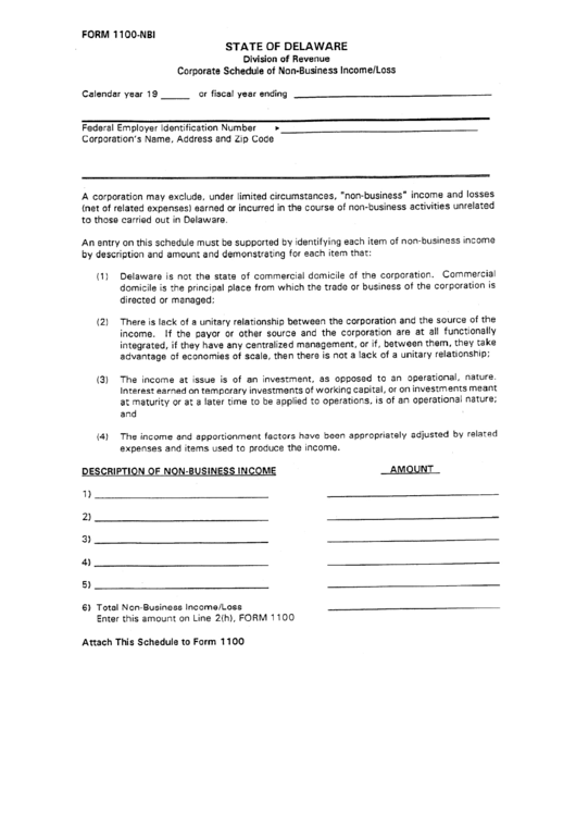 Form 1100-Nbi - Corporate Schedule Of Non-Business Income/loss - Delaware Printable pdf