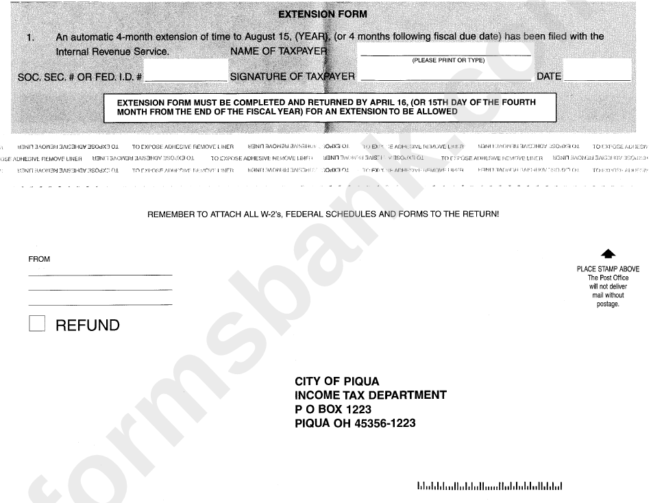 Extension Form - City Of Piqua - Income Tax Department