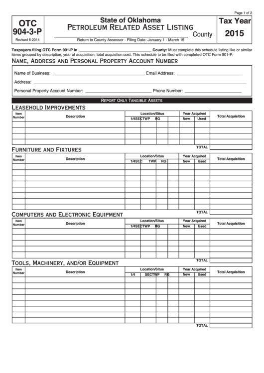 Fillable Form Otc 904-3-P - Petroleum Related Asset Listing - 2015 Printable pdf