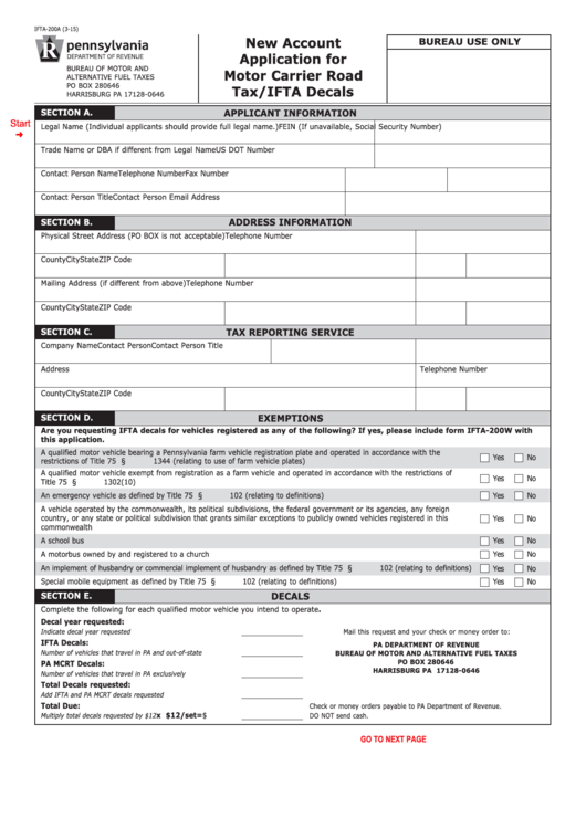 Fillable Form Ifta-200a - New Account Application For Motor Carrier Road Tax/ifta Decals - 2015 Printable pdf