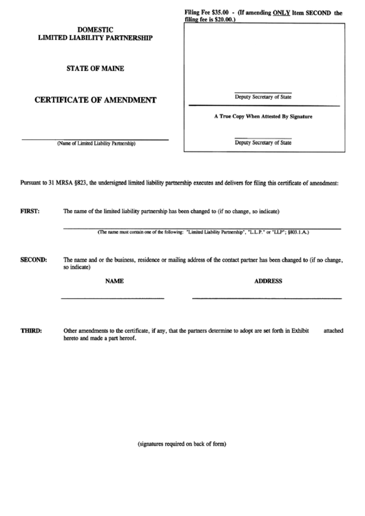 Form Mllp-9 - Certificate Of Amendment Form - Maine Secretary Of State Printable pdf