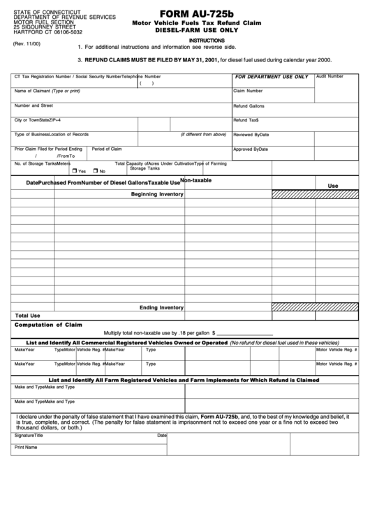 Form Au-725b - Motor Vehucle Fuels Tax Refund Claim Form - Connecticut Department Of Revenue Services 2000 Printable pdf