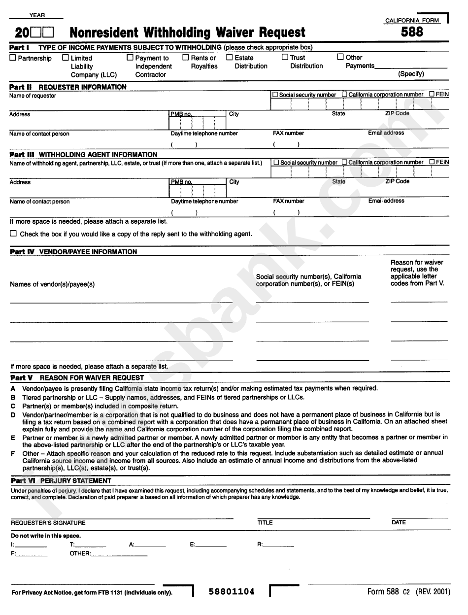 Ca Form 588 - Nonresident Withholding Waiver Request