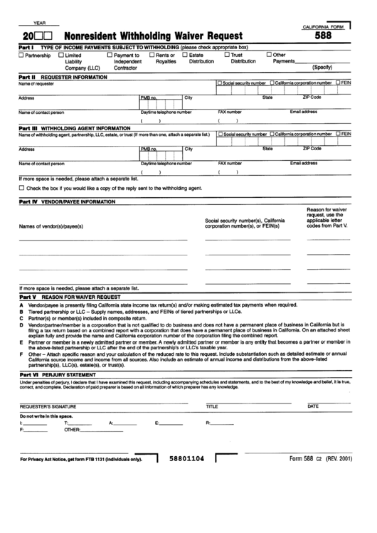 Ca Form 588 - Nonresident Withholding Waiver Request Printable pdf