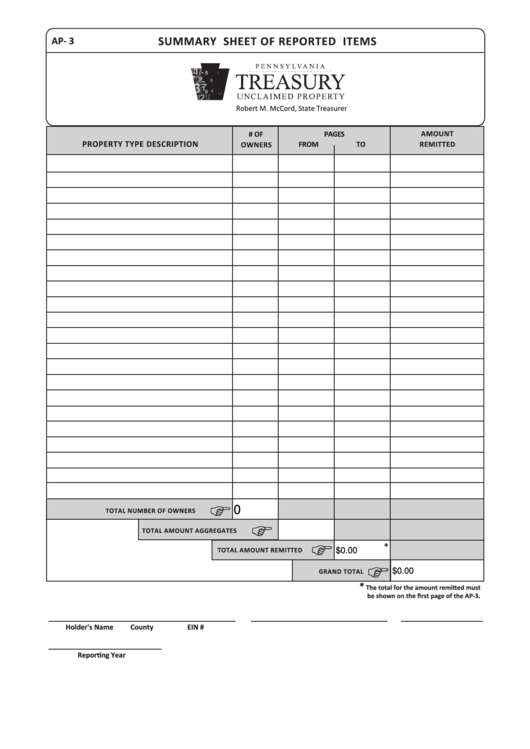 Fillable Form Ap-3 - Summary Sheet Of Reported Items - Pennsylvania Department Of Treasury Printable pdf