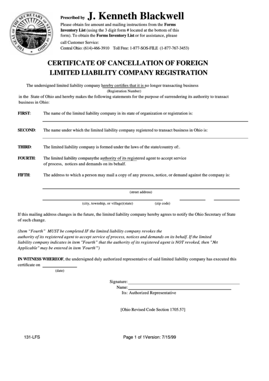 Certificate Of Cancellation Of Foreign Limited Liability Company Registration Form - Ohio Secretary Of State Printable pdf