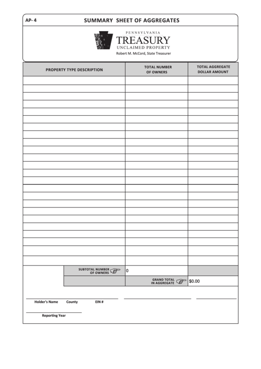 Fillable Form Ap-4 - Summary Sheet Of Aggregates - Pennsylvania Department Of Treasury Printable pdf