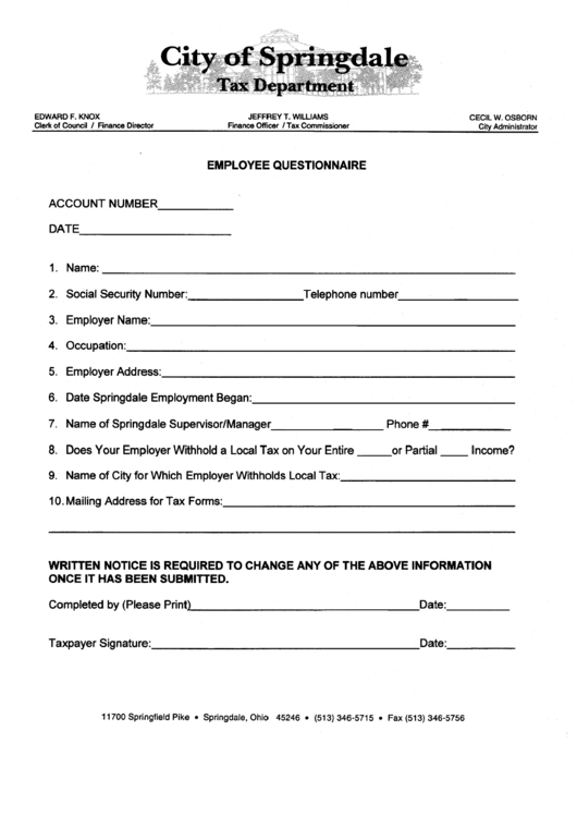 Employee Questionnaire Form - City Of Springdale Tax Department Printable pdf