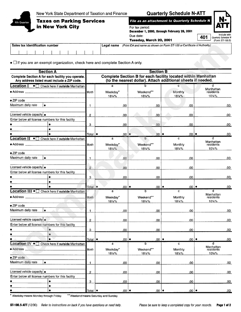 Form St-100.5-Att - Taxes On Parking Services In New York City - New York State Department Of Taxation And Finance