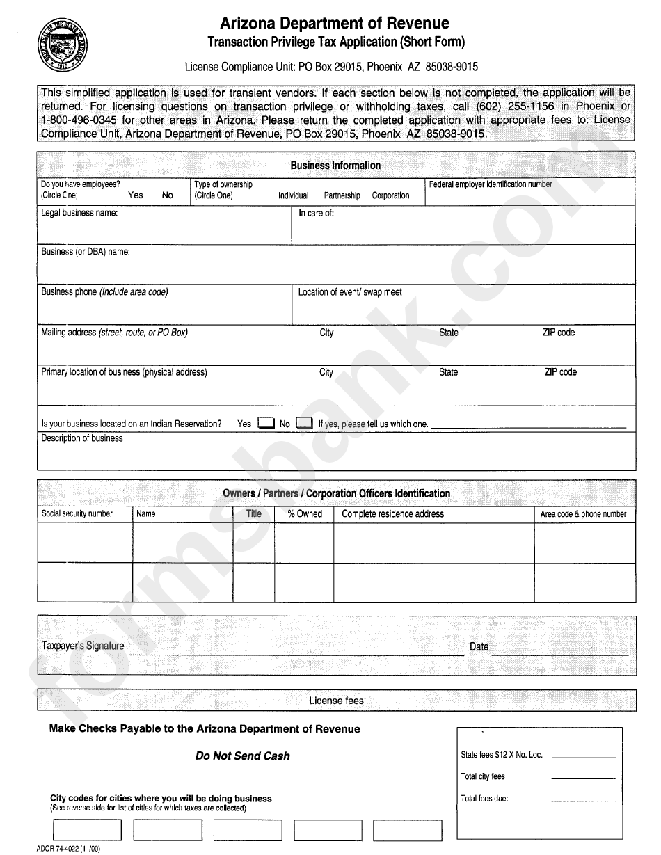 Form Ador 74-4022 - Transaction Privilege Tax Application Form - Arizona Department Of Revenue