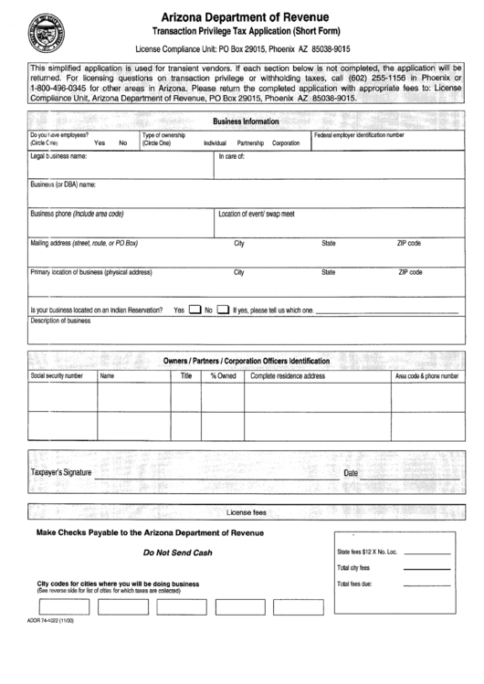 Form Ador 74-4022 - Transaction Privilege Tax Application Form - Arizona Department Of Revenue Printable pdf