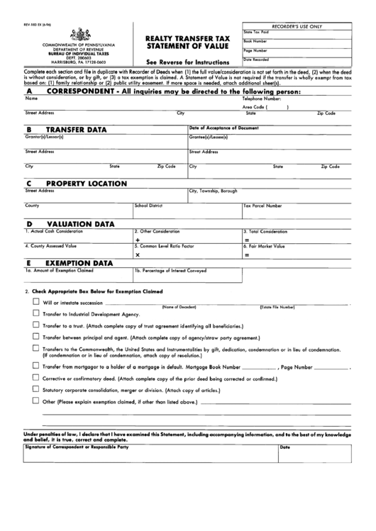 Form Rev-183 Ex - Realty Transfer Tax Form - Statement Of Value Printable pdf